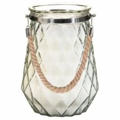 B&M Large Faceted Glass Candle With Rope Handle - Cream